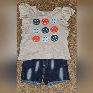 Kids Gray Ruffle Sleeve Tee with Smiley Faces